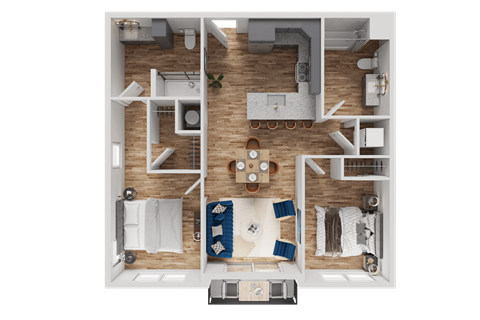Floor plan for 2 beds, 2 baths, 955 sqft